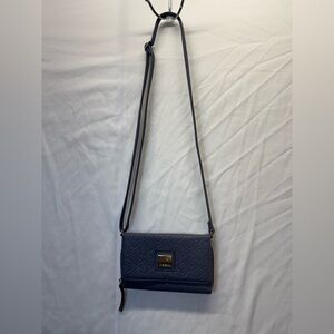 Juicy Couture Slate Blue Cross Body Wallet Purse 12 CC Slots Zips Close Embossed